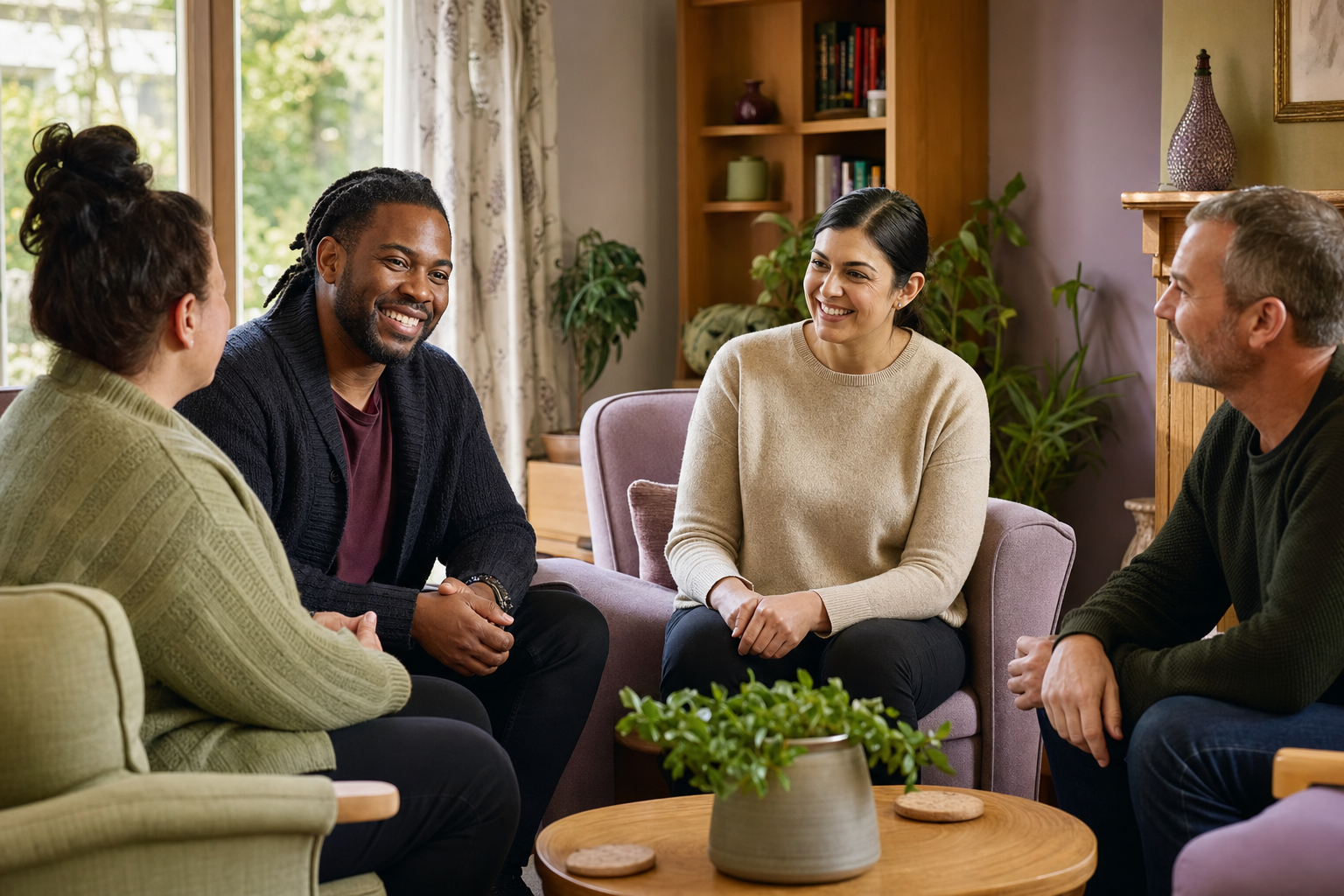 A diverse care team sharing a warm and positive conversation in a welcoming home